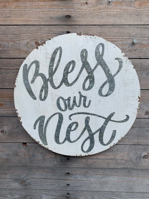 Round Distressed Bless Our Nest Sign