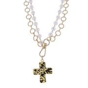 Double Strand Gold Chain & White Bead Necklace w/ Cross