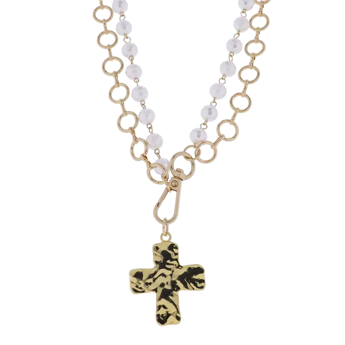 Double Strand Gold Chain & White Bead Necklace w/ Cross
