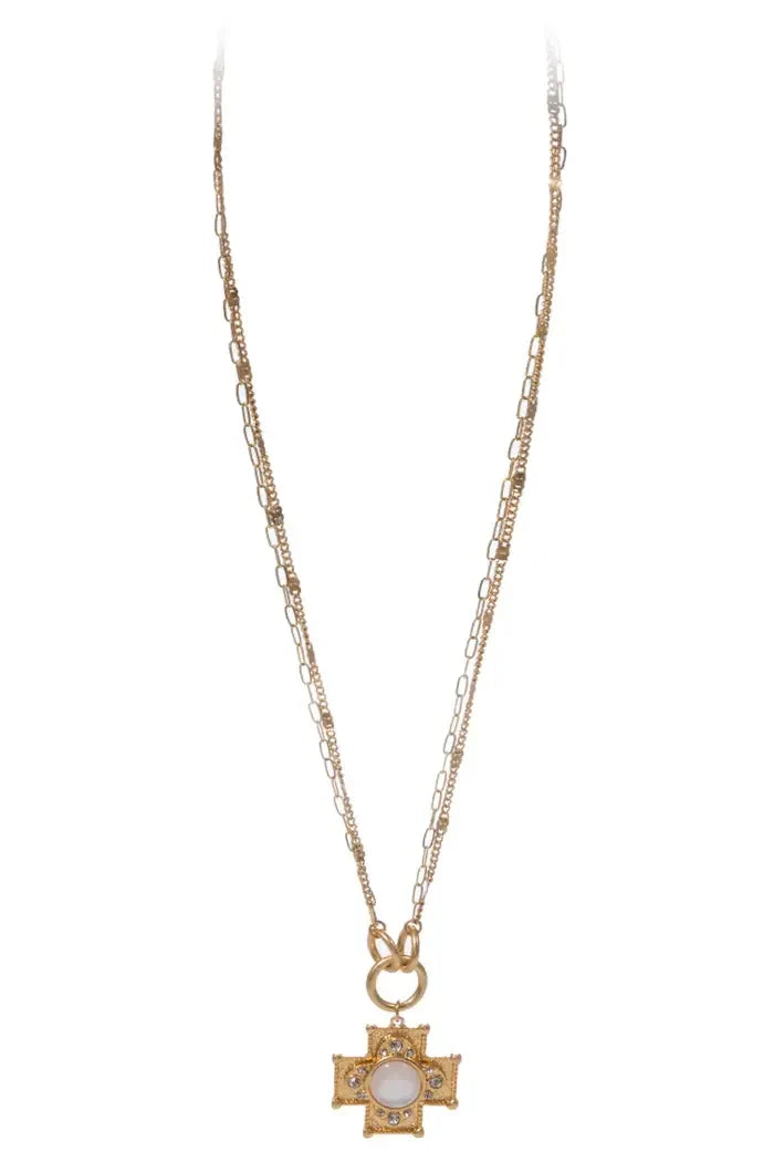 Multi Chain Necklace w/ Center Stone Cross