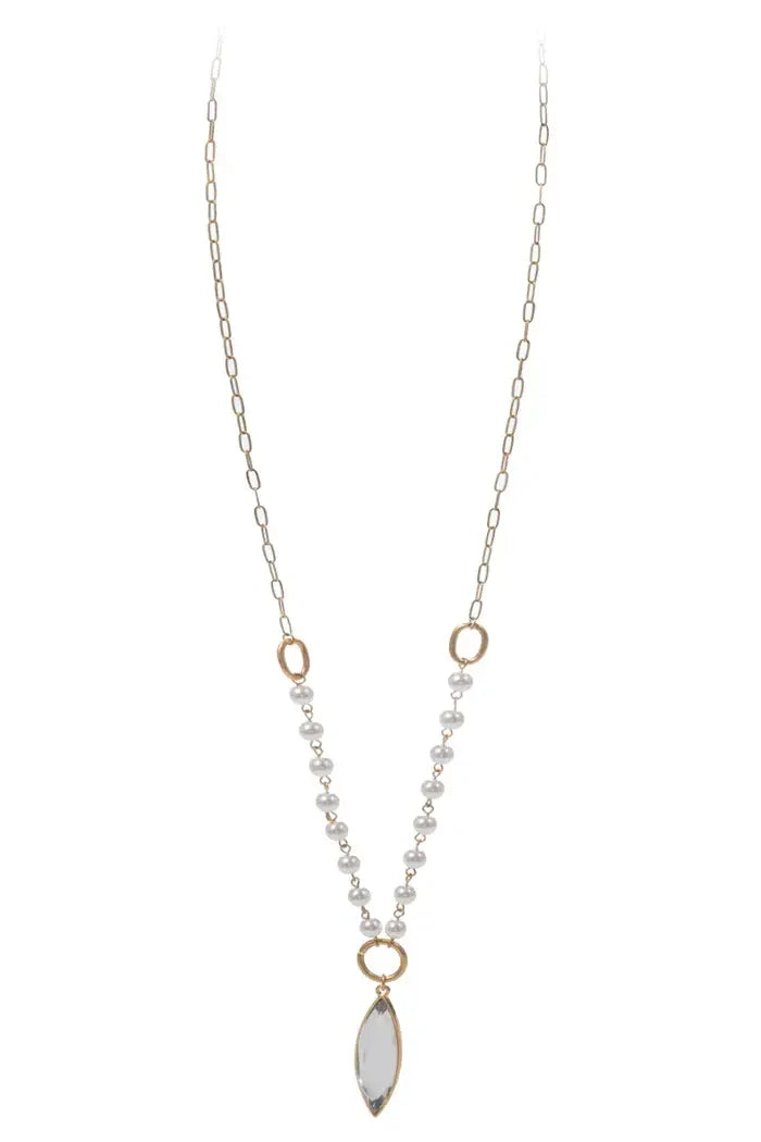 Pearl Accent Chain Necklace w/ Pointed Oval Crystal