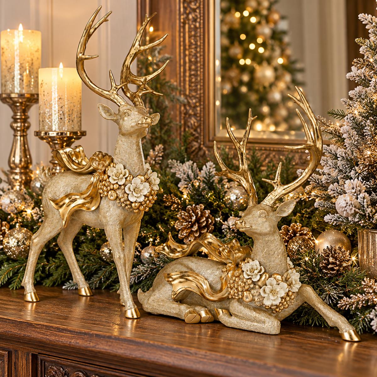 Set of 2 Ivory Gold Washed Deer with Magnolia