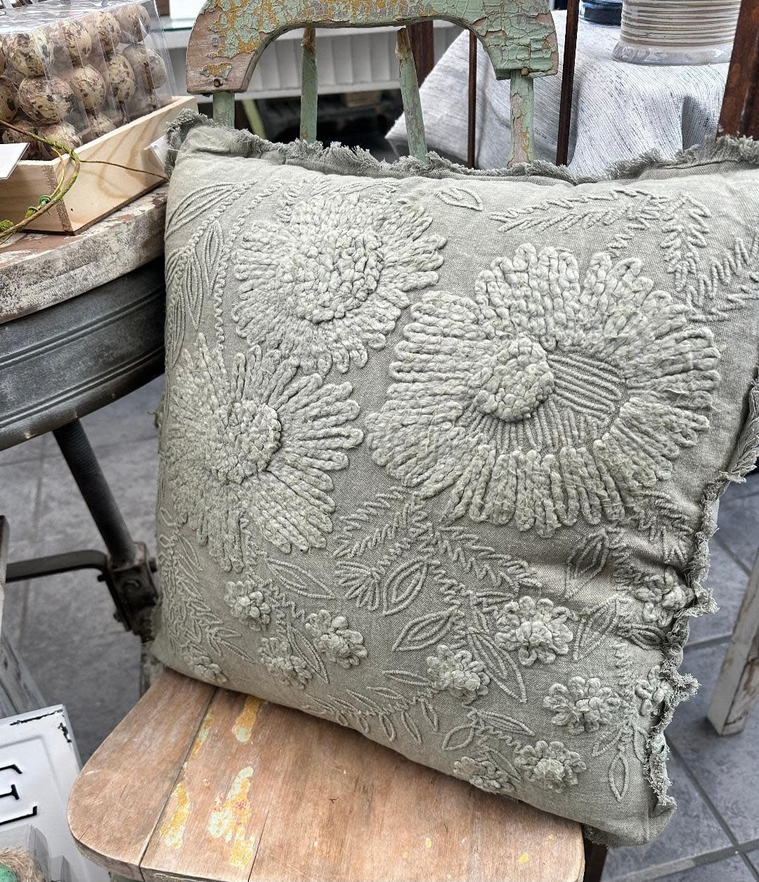18" Square Green Embossed Floral Pillow