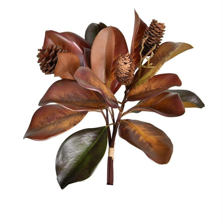 Fall Magnolia Leaf Bundle w/ Pinecone 17" Brown