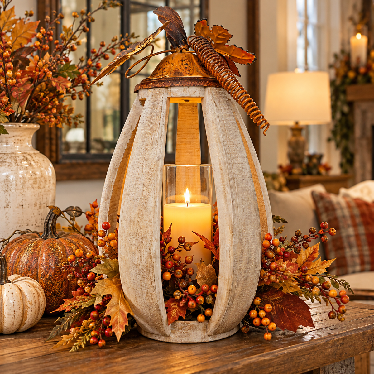 Wooden Pumpkin Open Lantern