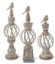 Set of 3 Whitewashed Metal Ball Finials w/ Bird