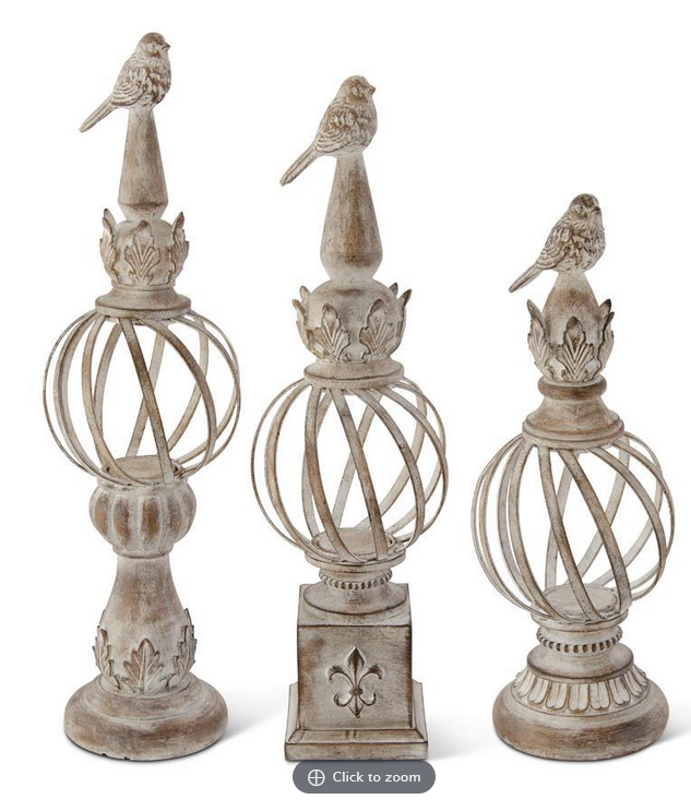Set of 3 Whitewashed Metal Ball Finials w/ Bird