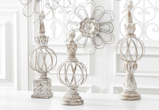 Set of 3 Whitewashed Metal Ball Finials w/ Bird