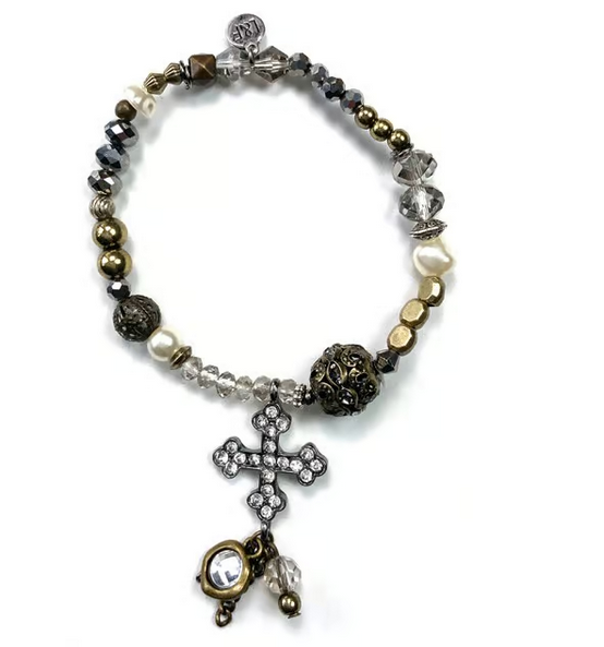 Thin Beaded Rhinestone Cross Bracelet