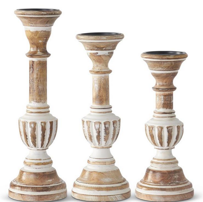 Set of 3 Whitewashed Wooden Carved Candlesticks