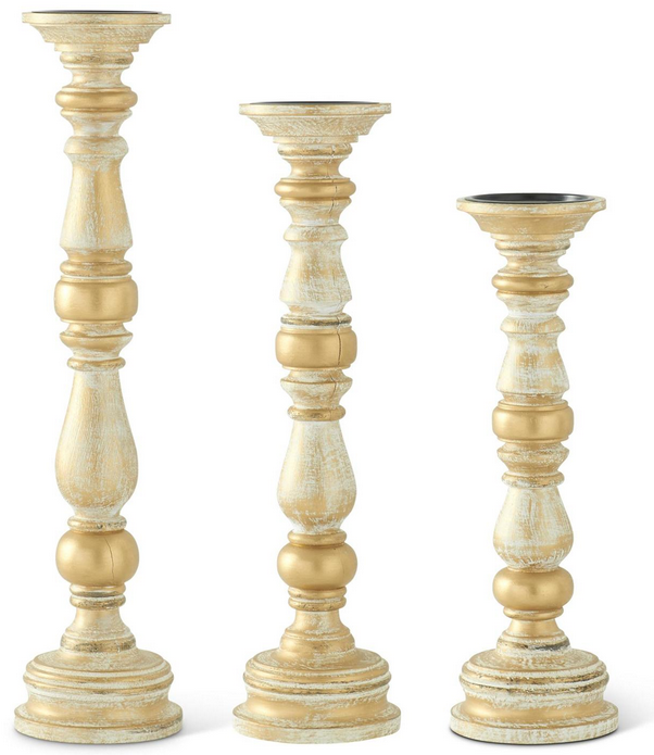 Set of 3 Gold Whitewashed Curved Wooden Candle Sticks