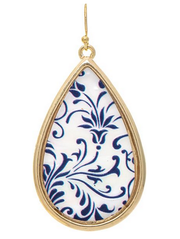 Gold White Mother of Pearl Blue Floral Earrings