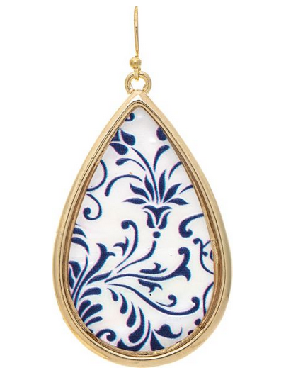 Gold White Mother of Pearl Blue Floral Earrings