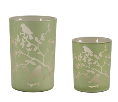 Glass Green Bird on Branch Candle Holder (2-Sizes)