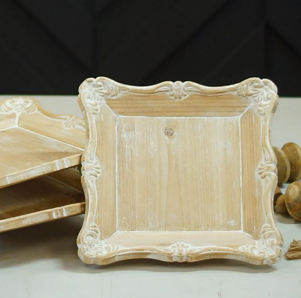 White Distressed Wooden Pedestal Tray (3-Sizes)
