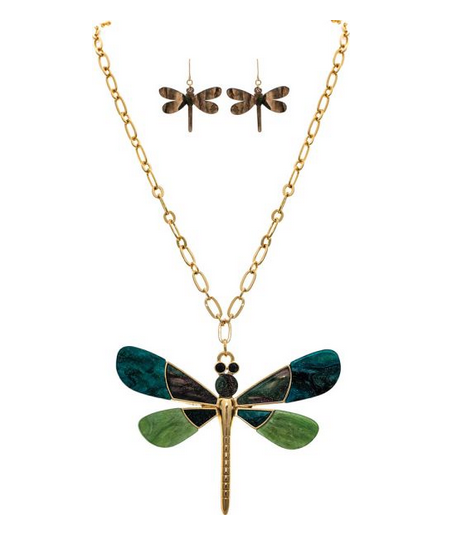 Green Acrylic Dragonfly Necklace & Earrings