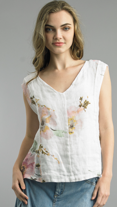Linen Sleeveless Floral Top by: Tempo Paris (2-Colors)