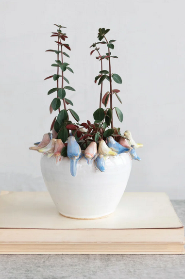 Birds on Rim Stoneware Vase (2-Sizes)