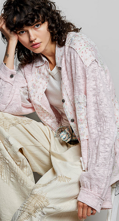 Blush Lace Denim Long Sleeve Top By: POL