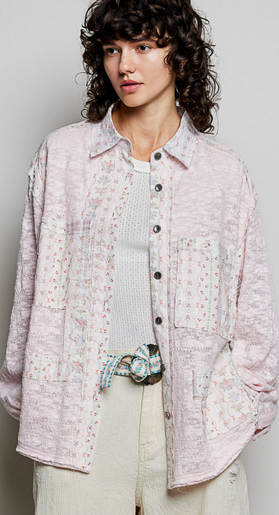 Blush Lace Denim Long Sleeve Top By: POL