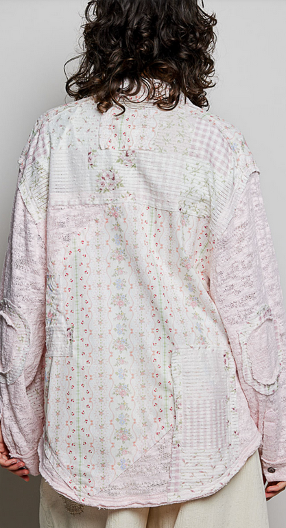 Blush Lace Denim Long Sleeve Top By: POL