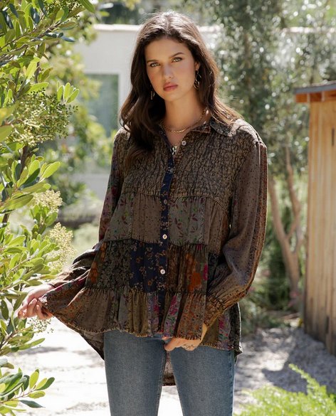 (4-Sizes) Patchwork Ruffle Tiered Top