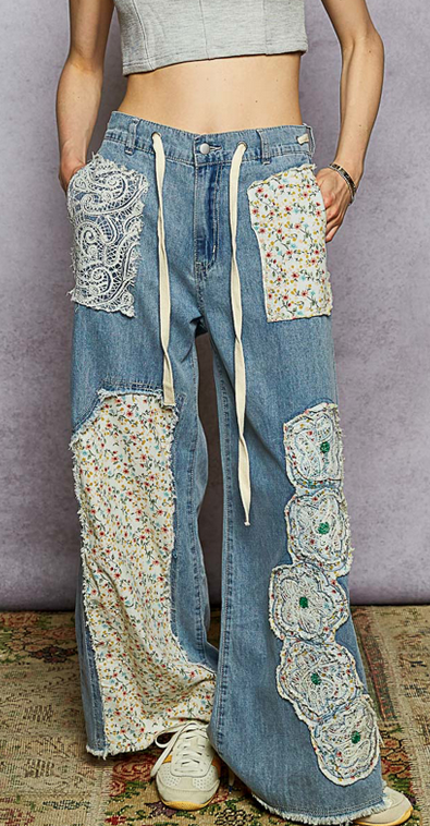 Patchwork Lace Denim Wide Leg Pants By: POL