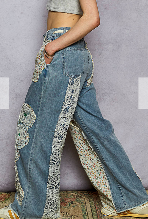 Patchwork Lace Denim Wide Leg Pants By: POL