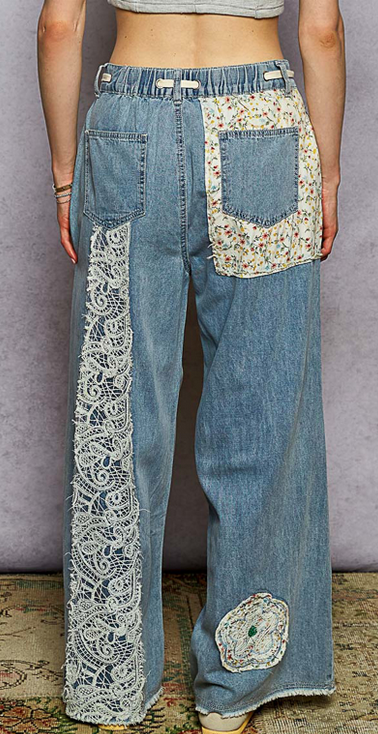 Patchwork Lace Denim Wide Leg Pants By: POL