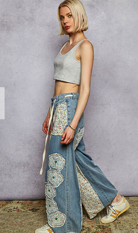 Patchwork Lace Denim Wide Leg Pants By: POL