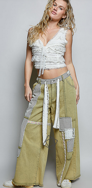 Patchwork Stripe Olive Wide Leg Pants By: POL