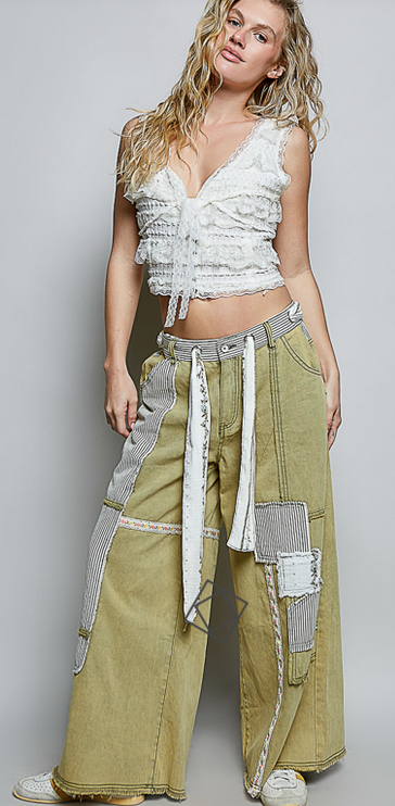 Patchwork Stripe Olive Wide Leg Pants By: POL