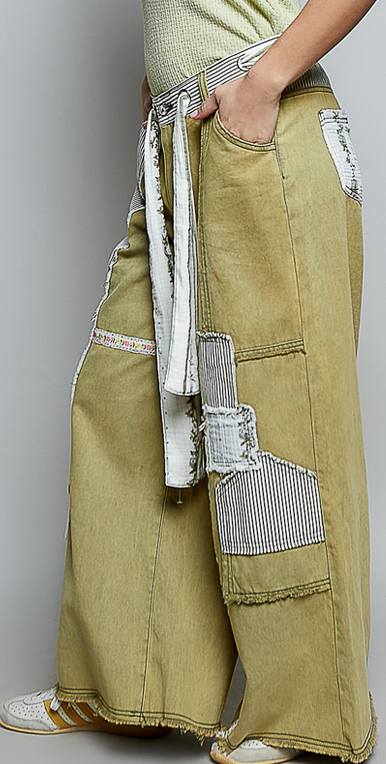 Patchwork Stripe Olive Wide Leg Pants By: POL