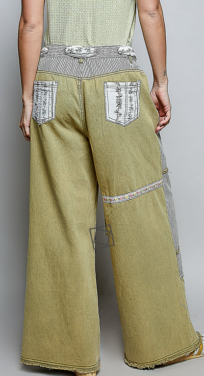 Patchwork Stripe Olive Wide Leg Pants By: POL