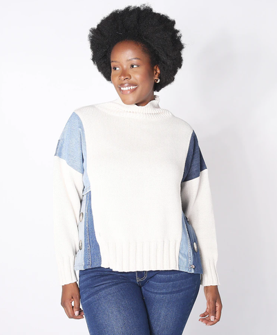 Hand Crafted Denim Panel 100% Cotton Sweater