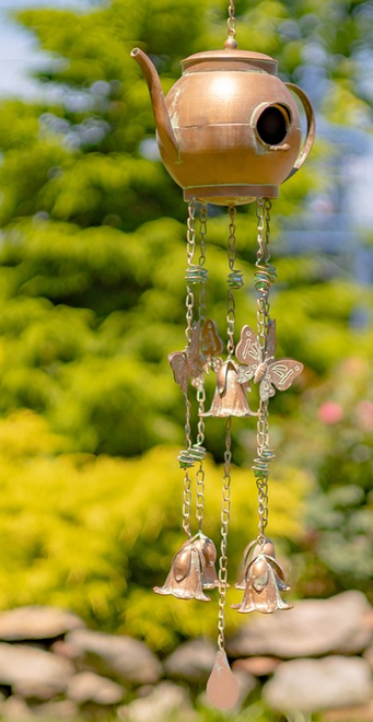 Antiqued Copper Finish Teapot Birdhouse Windchime