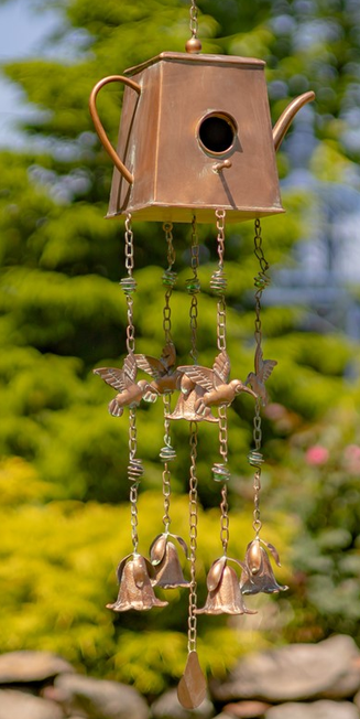 Antiqued Copper Finish Teapot Birdhouse Windchime