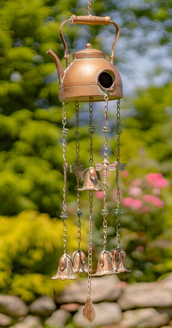 Antiqued Copper Finish Teapot Birdhouse Windchime