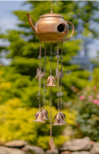 Antiqued Copper Finish Teapot Birdhouse Windchime