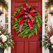 30" Cedar & Pine Wreath w/ Plaid Velvet Bow