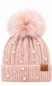 Rose Pearl & Rhinestone Pom Pom Beanie