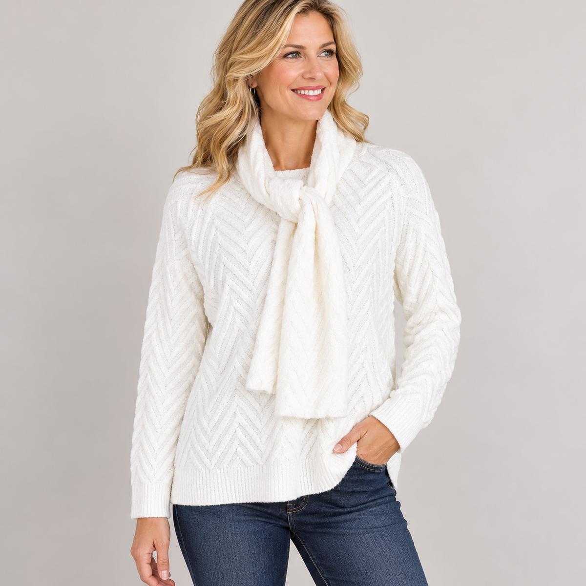 Pull Over Winter White Sweater w/ Scarf